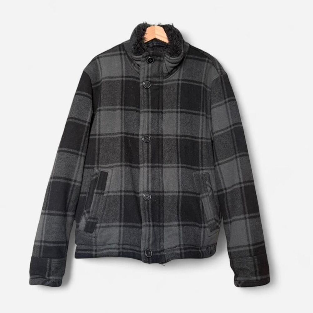 Y2K American Eagle Outfitters wool blend plaid jacket black faux fur heavyweight